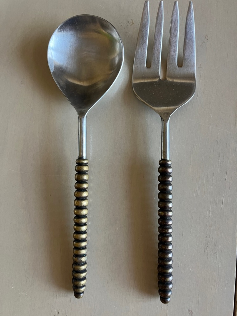 Decorative Brass-Bead Handle Serving Spoon and Fork Set - Brown/Gold